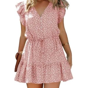 Blush Floral Print V-Neck Flutter Sleeves Dress